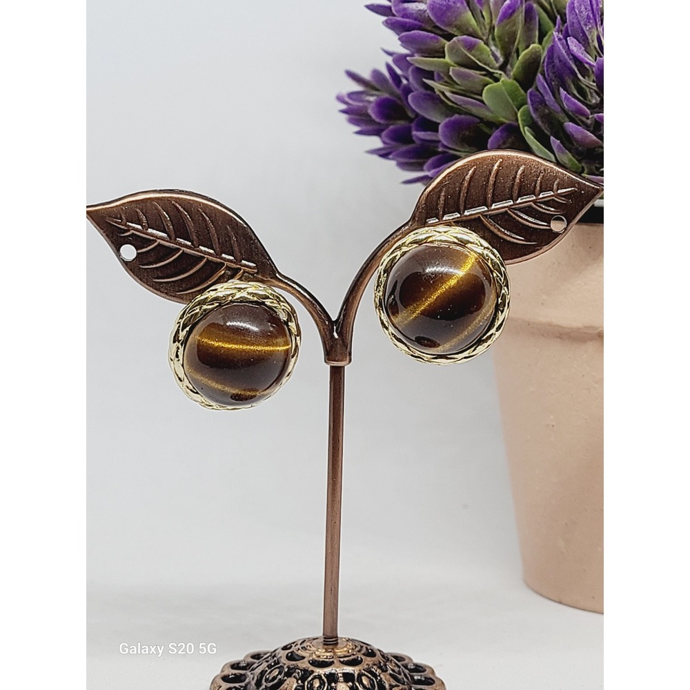 Vintage Style Gold Tone Tiger Eye Stud Earrings Round Braided Bezel Brown